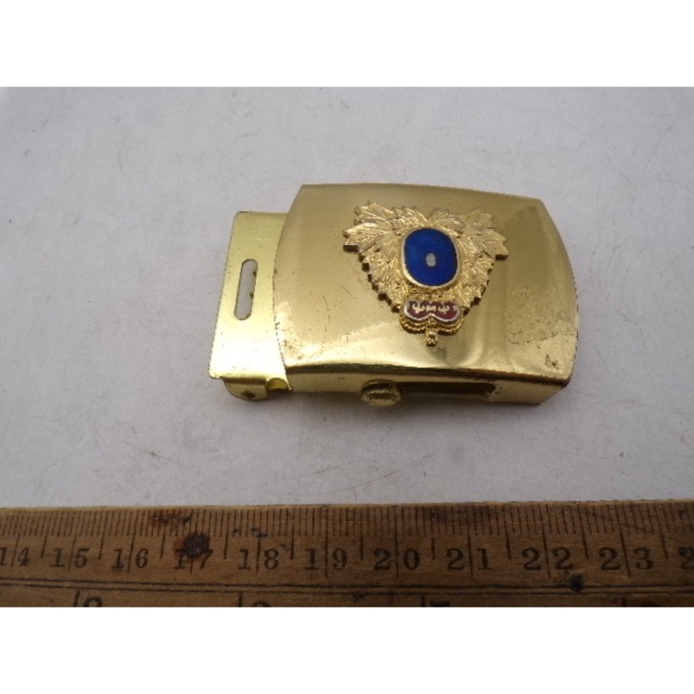 Vintage Gold Tone Enamel Crest Belt Buckle Blue Red Heraldic Insignia Military